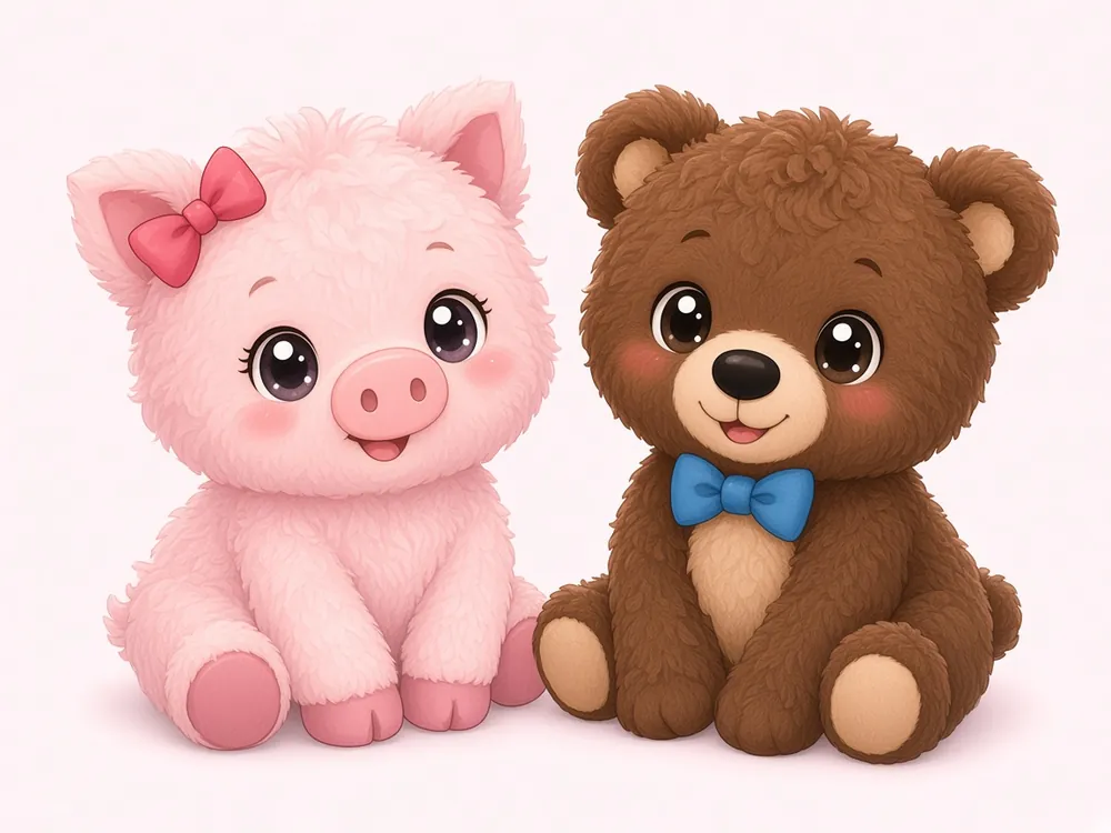 Piggy, a fluffy pink pig with a red bow, sitting next to Bear, a brown teddy bear with a blue bow tie