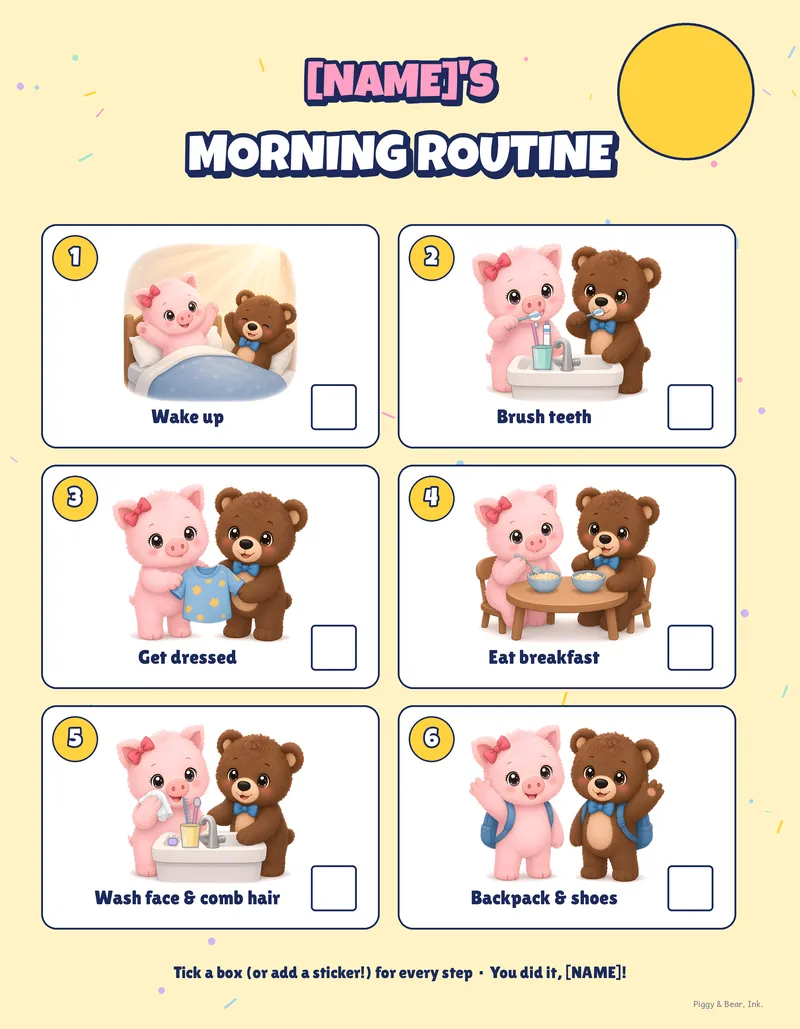 Piggy & Bear morning routine chart with six picture steps